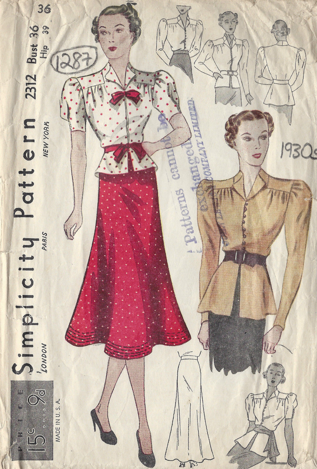 1930s-Vintage-Sewing-Pattern-B36-W30-SKIRT-BLOUSE-1287-261510016088