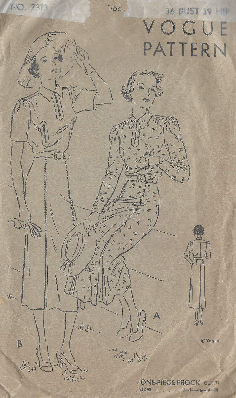 1930s-Vintage-VOGUE-Sewing-Pattern-B36-ONE-PIECE-DRESS-FROCK-1384-261729857870-2
