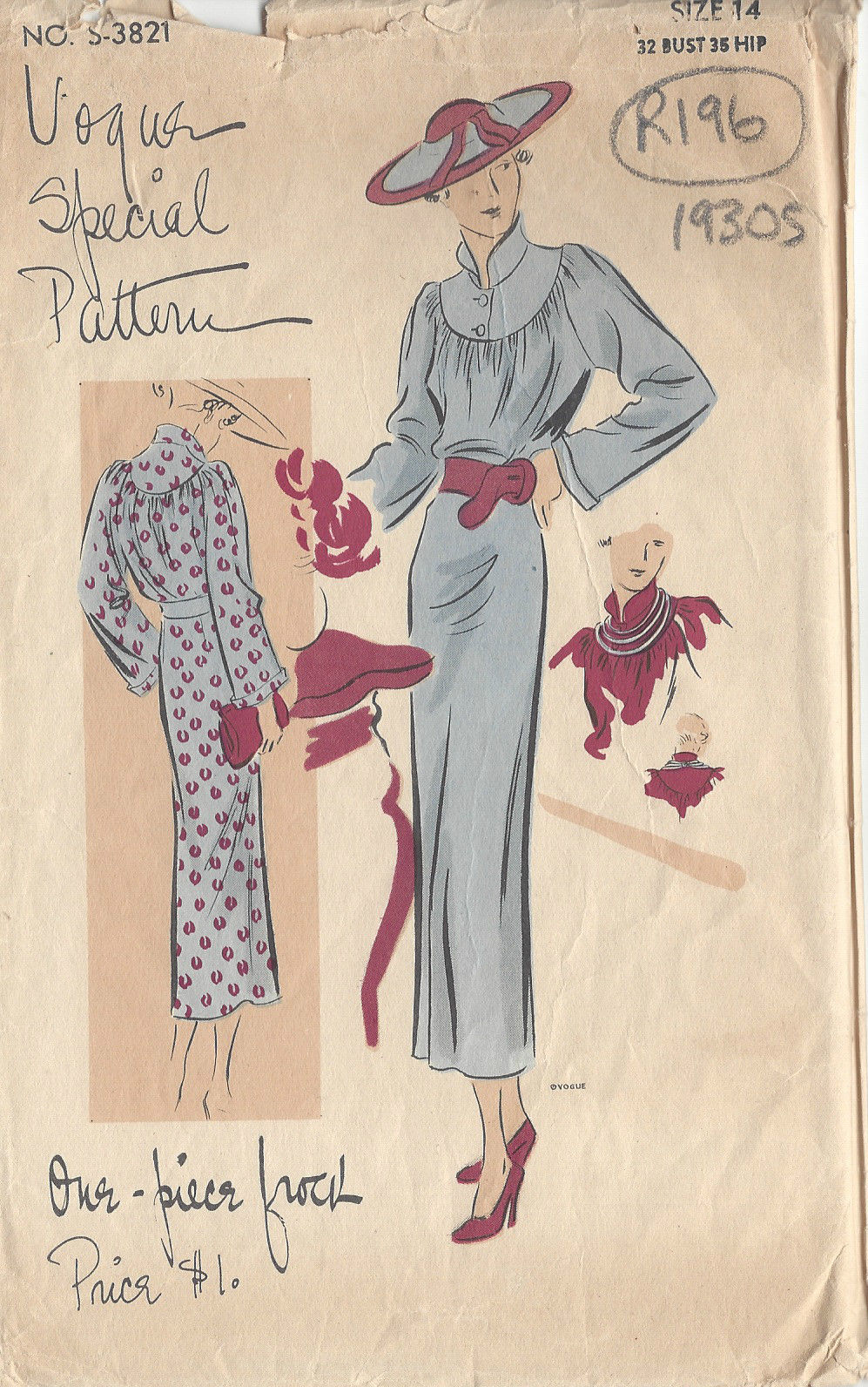 1930s-Vintage-VOGUE-Sewing-Pattern-ONE-PIECE-DRESS-B32-R196-251164050197