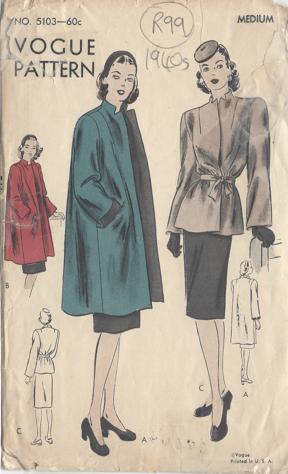 1940s-Vintage-VOGUE-Sewing-Pattern-B34-36-COAT-JACKET-R99-251144503460