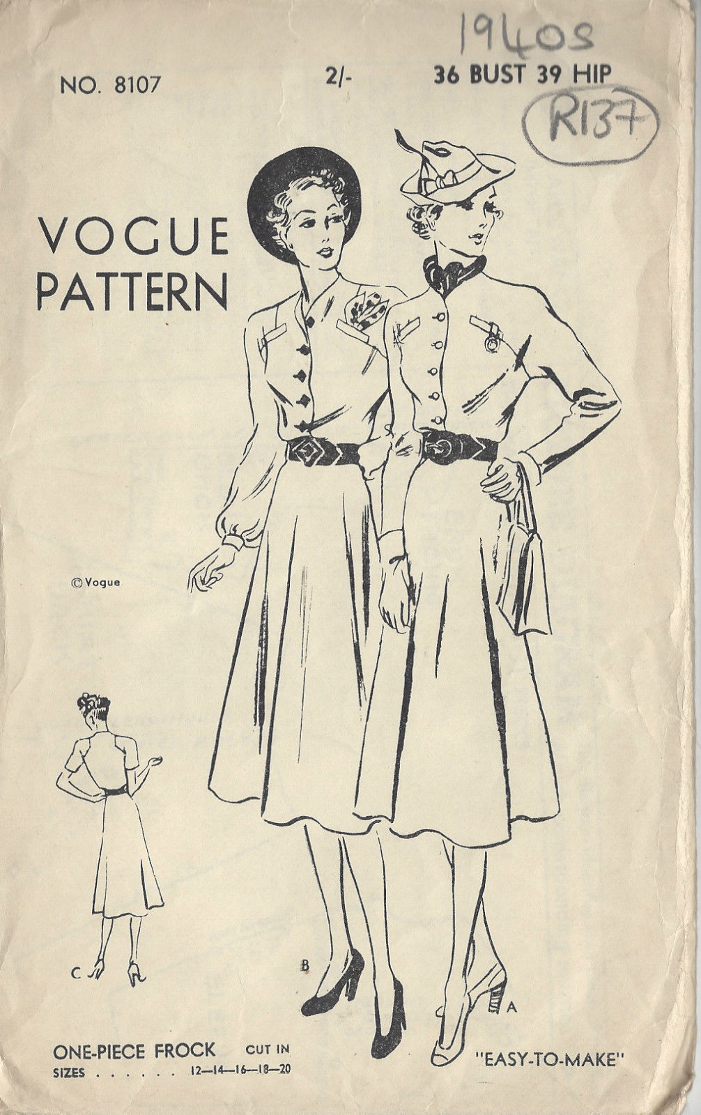 1940s-Vintage-VOGUE-Sewing-Pattern-B36-DRESS-R137-251165497960