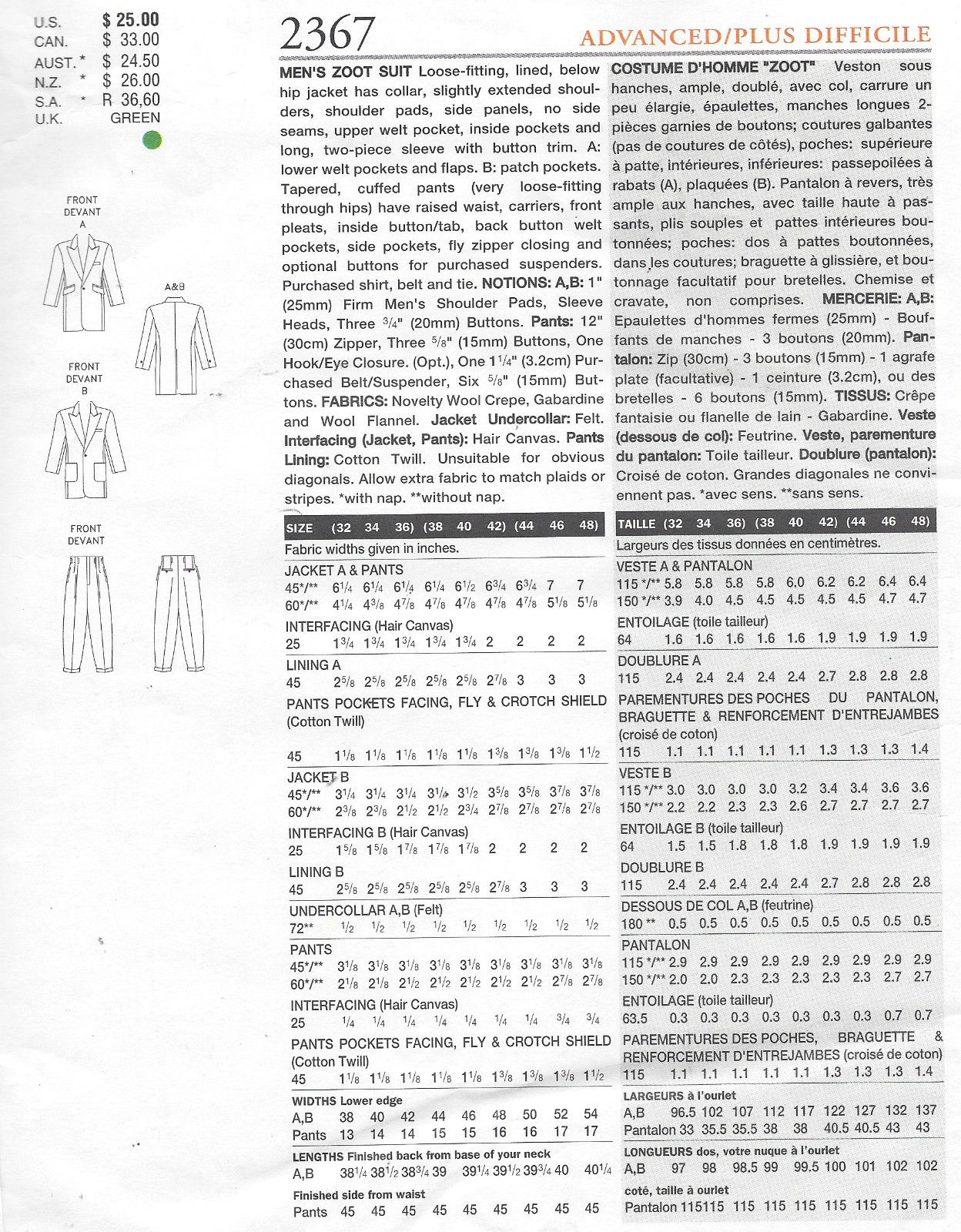 1940s-Vintage-VOGUE-Sewing-Pattern-Chest-44-46-48-MENS-ZOOT-SUIT-1437R-261902562421-2