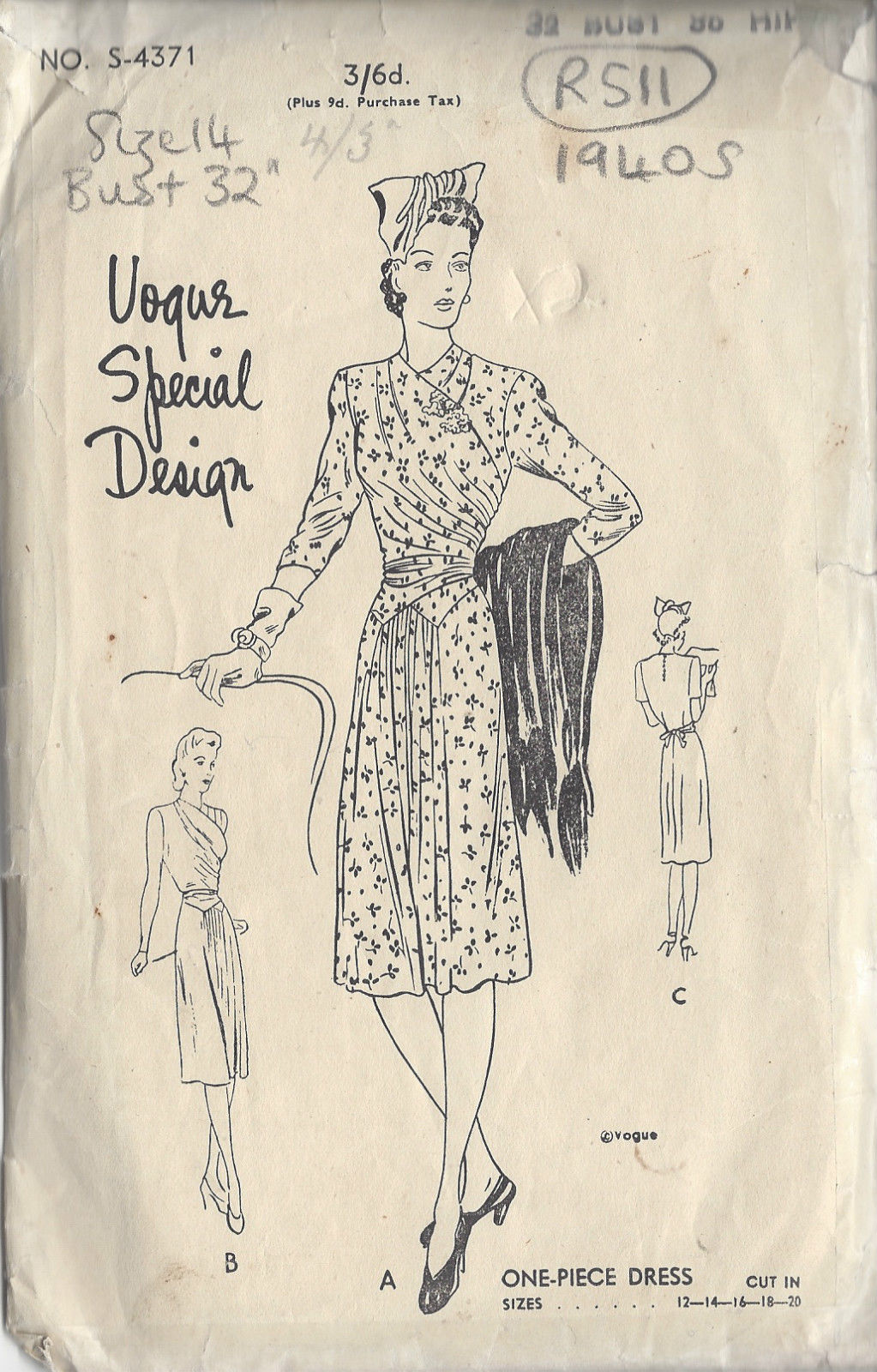 1940s-Vintage-VOGUE-Sewing-Pattern-DRESS-B32-R511-251142479910
