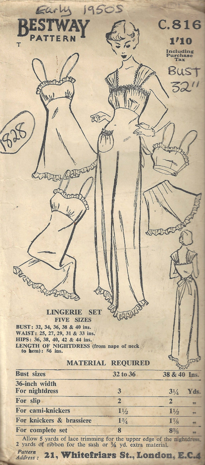 1950s-Vintage-Sewing-Pattern-B32-CAMI-KNICKERS-SLIP-NIGHTDRESS-BRASSIER-1828-252882853382
