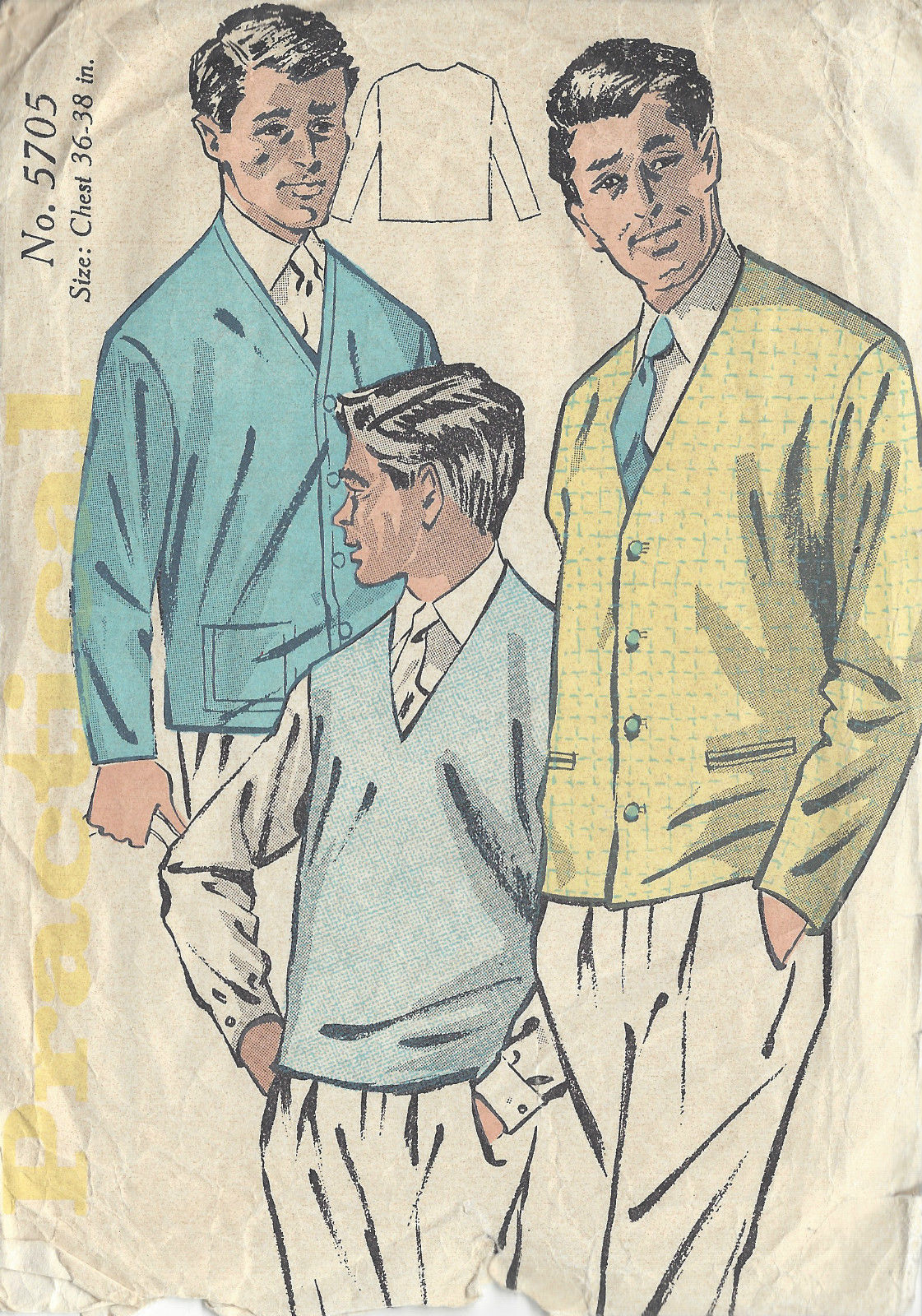 1950s-Vintage-Sewing-Pattern-S36-38-MENS-PULLOVER-CARDIGAN-R951-251263714232