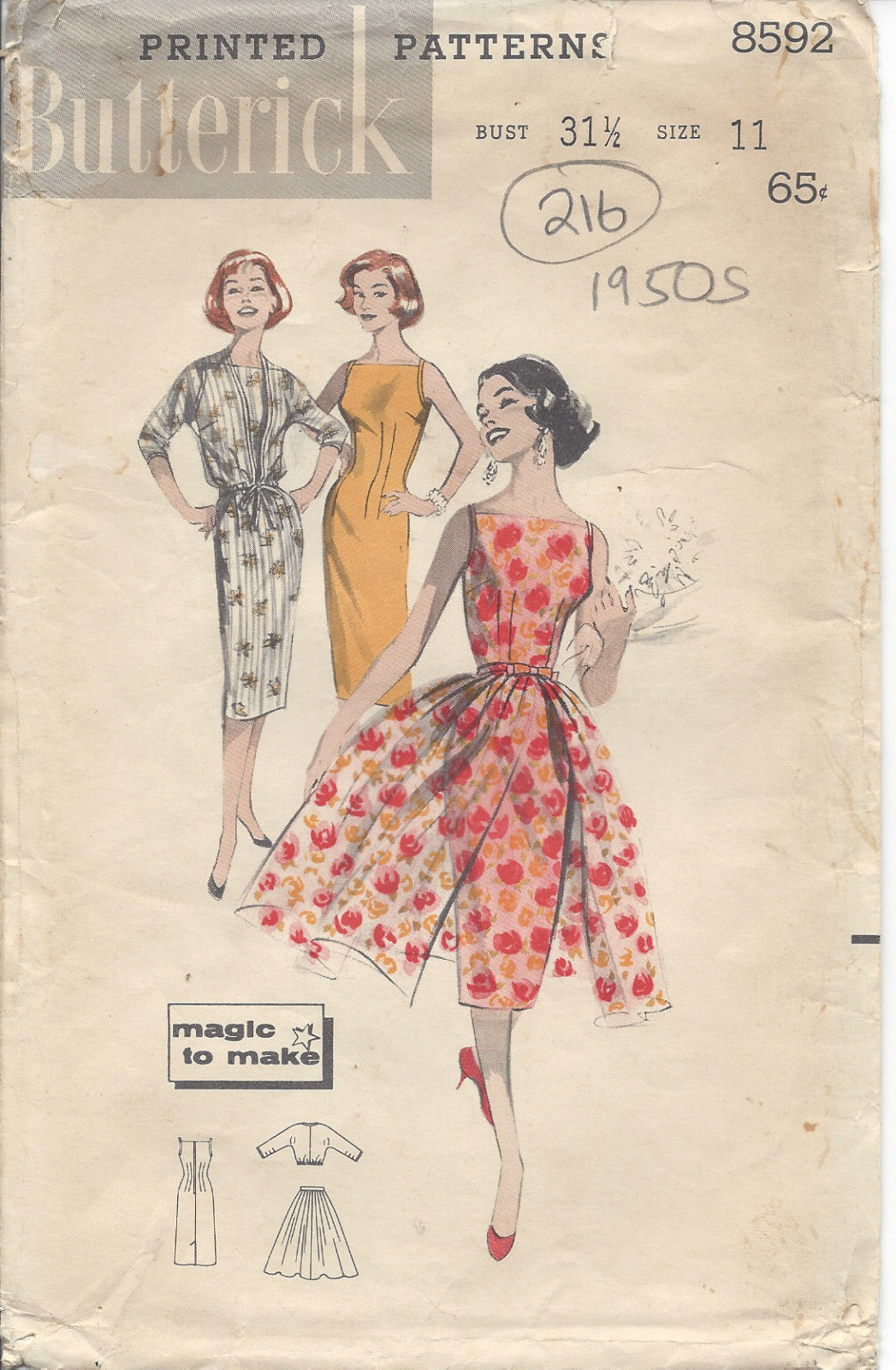 1950s-Vintage-Sewing-Patttern-B31-12-DRESS-OVERSKIRT-JACKET-216-251173324731