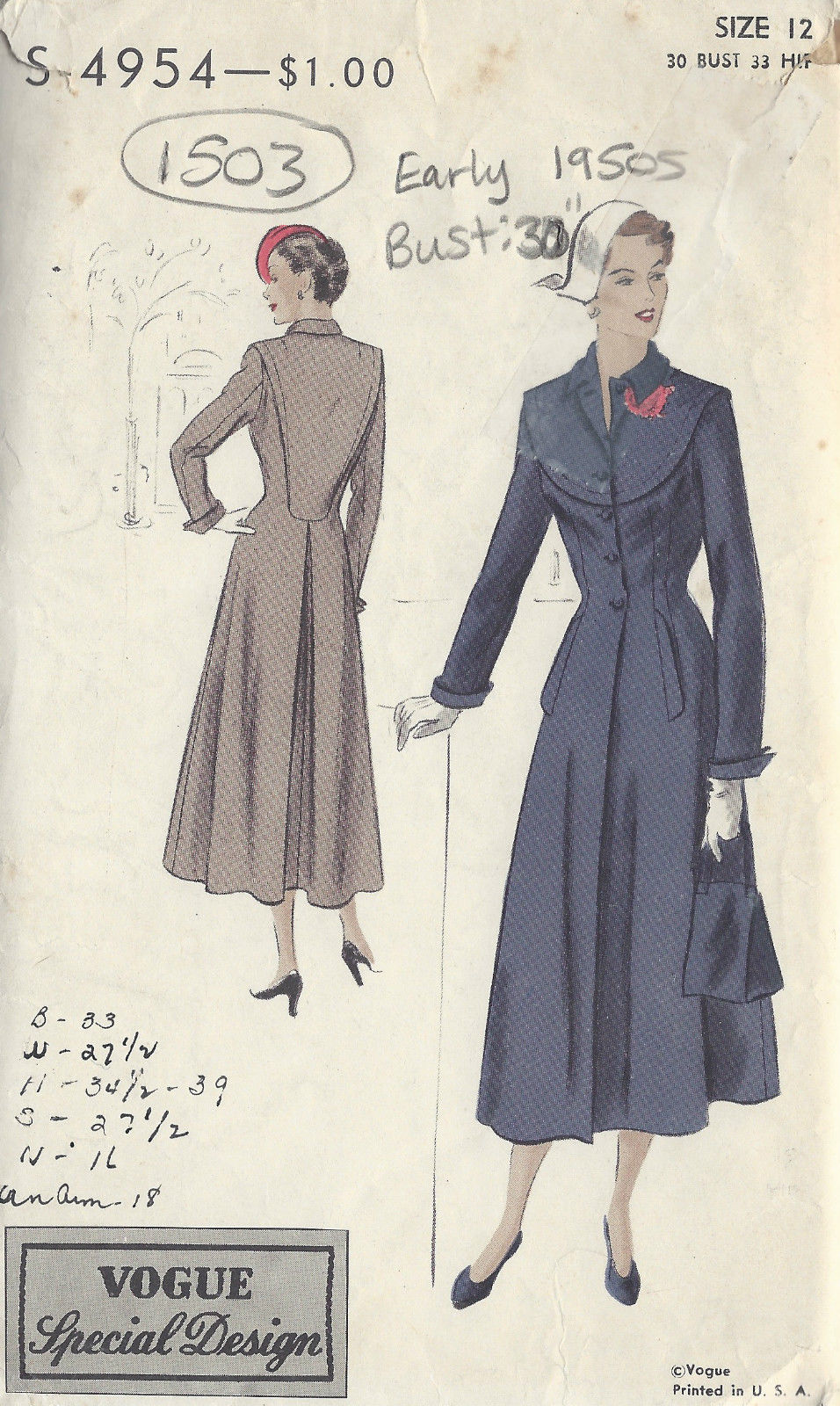 1950s-Vintage-VOGUE-Sewing-Pattern-B30-COAT-1503-262044342229
