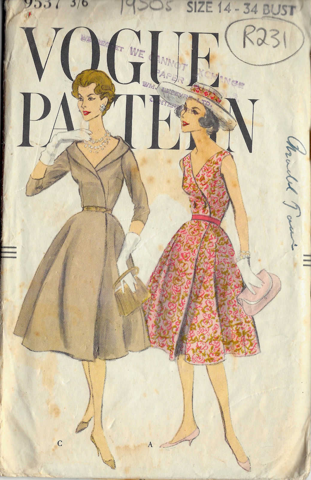 1950s-Vintage-VOGUE-Sewing-Pattern-B34-DRESS-R231-261785350661