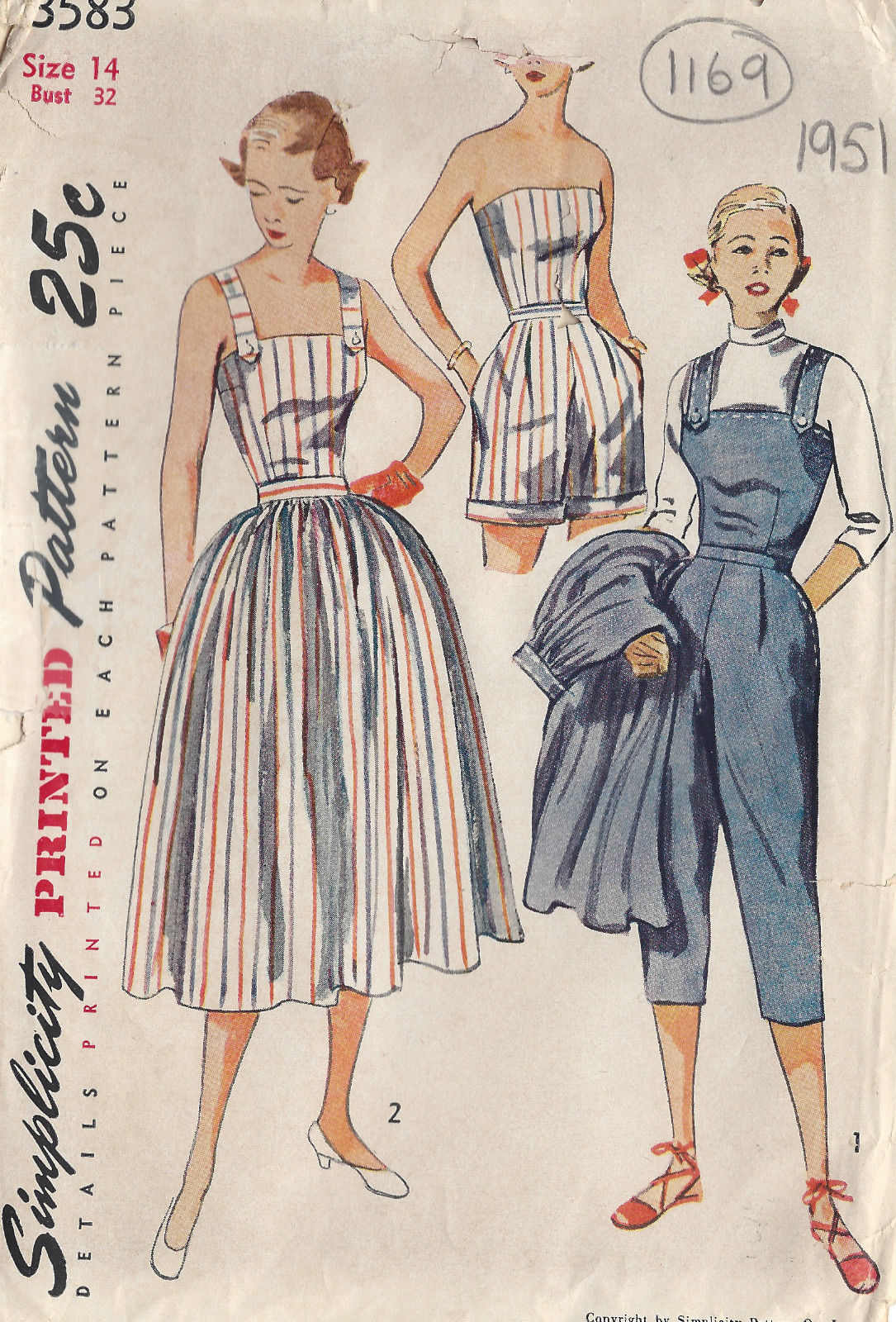 1951-Vintage-Sewing-Pattern-PLAYSUIT-PANTS-SKIRT-TOP-SHORTS-B32-1169-251458170183