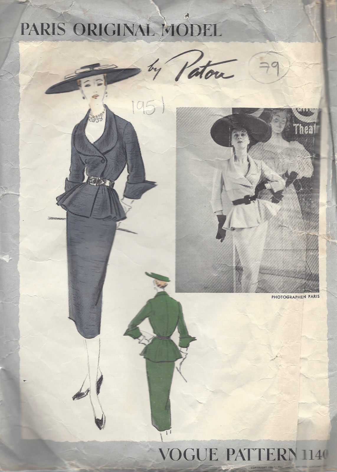 1951-Vintage-VOGUE-Sewing-Pattern-B30-SUIT-SKIRT-JACKET-79-By-Patou-261379791461