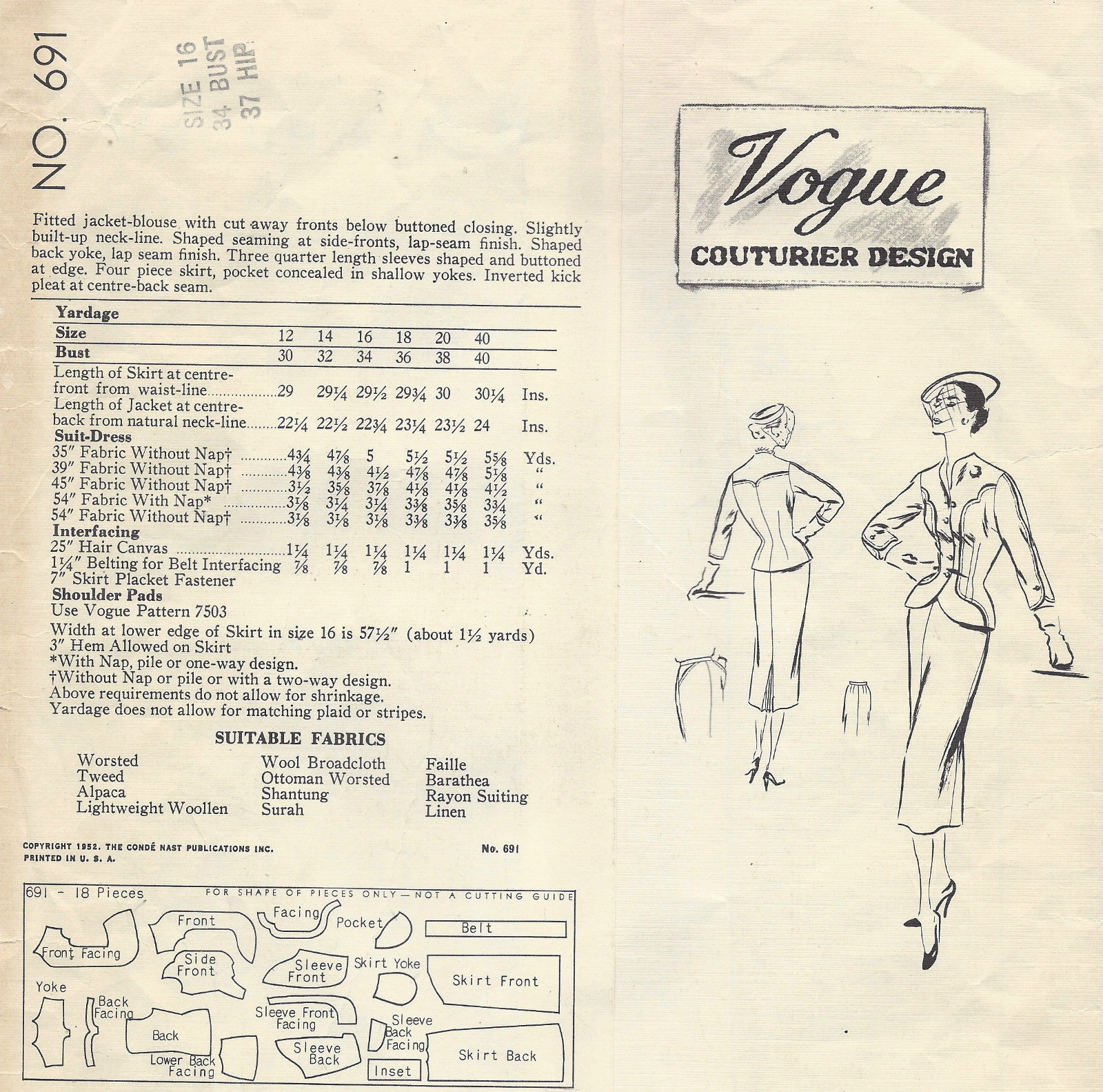 1952-Vintage-VOGUE-Sewing-Pattern-B34-SUIT-JACKET-SKIRT-1110-261318831060-2