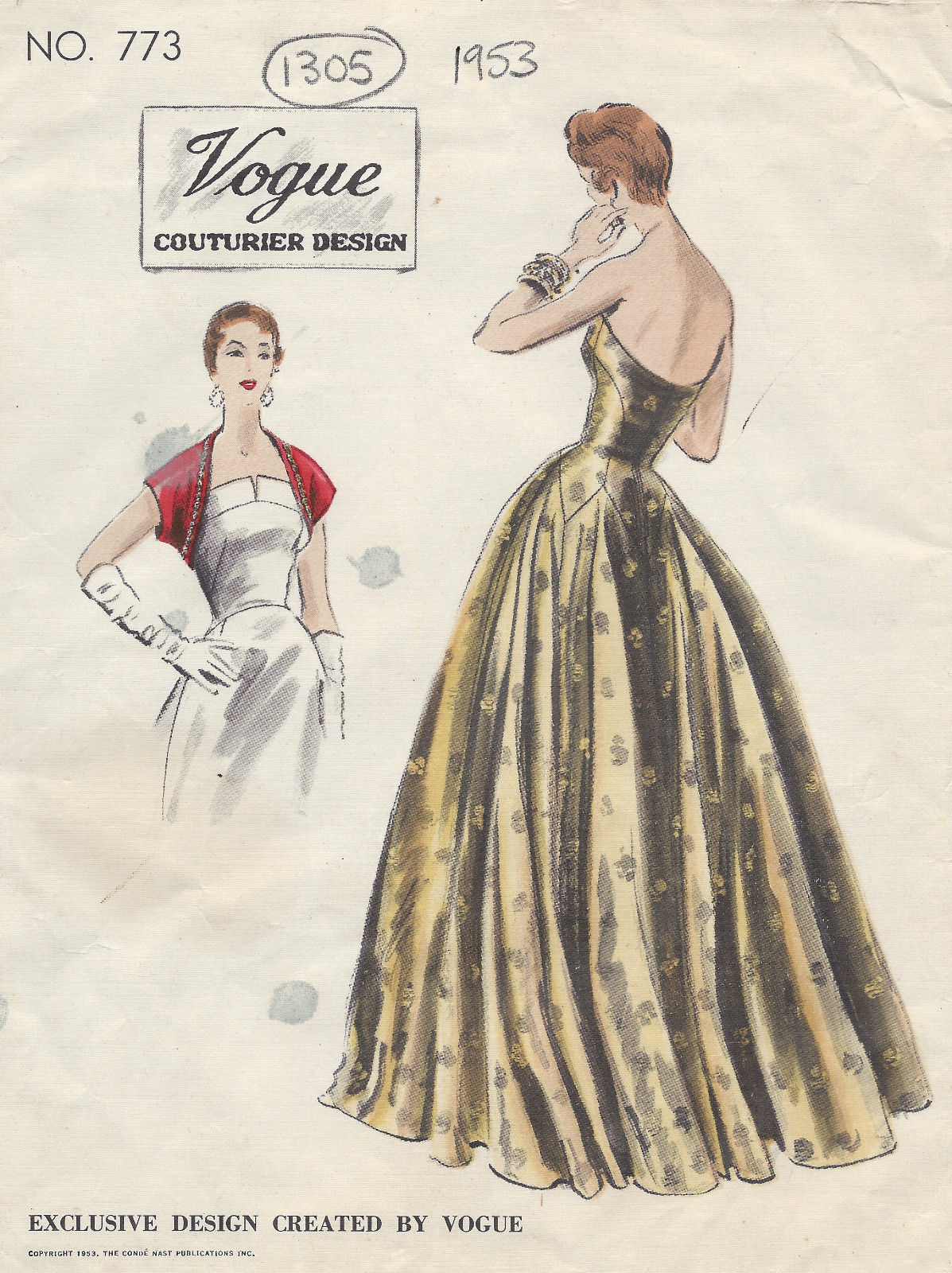 1953-Vintage-VOGUE-Sewing-Pattern-B30-EVENING-DRESSGOWN-BOLERO-E1305-261537931457