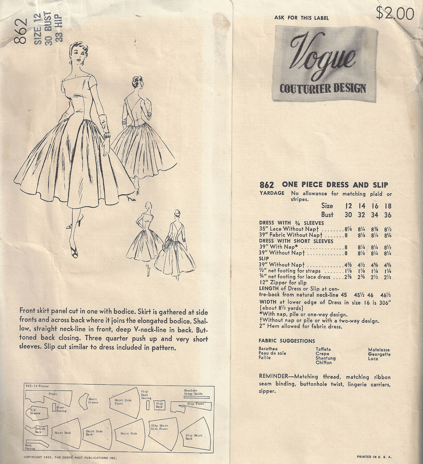 1955-Vintage-VOGUE-Sewing-Pattern-B30-ONE-PIECE-DRESS-SLIP-1768-252704168710-2