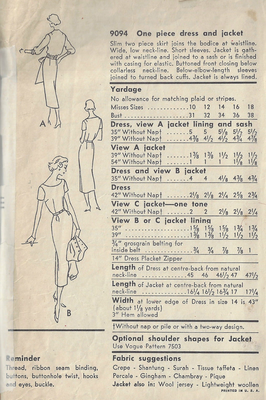 1957-Vintage-VOGUE-Sewing-Pattern-B34-DRESS-JACKET-1823R-252882165982-2