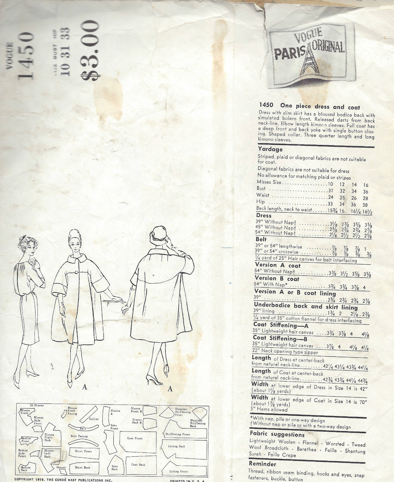 1959-Vintage-VOGUE-Sewing-Pattern-COAT-DRESS-B31-1414-By-Guy-Laroche-251949678509-2