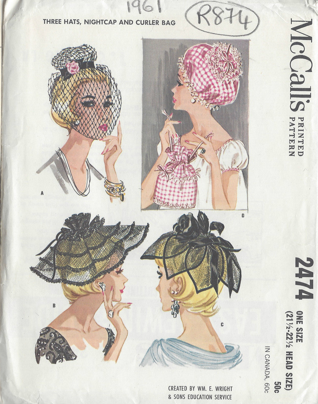 1961-Vintage-Sewing-Pattern-HAT-NIGHTCAP-CURLER-BAG-S21-12-22-12-R874-261167102658
