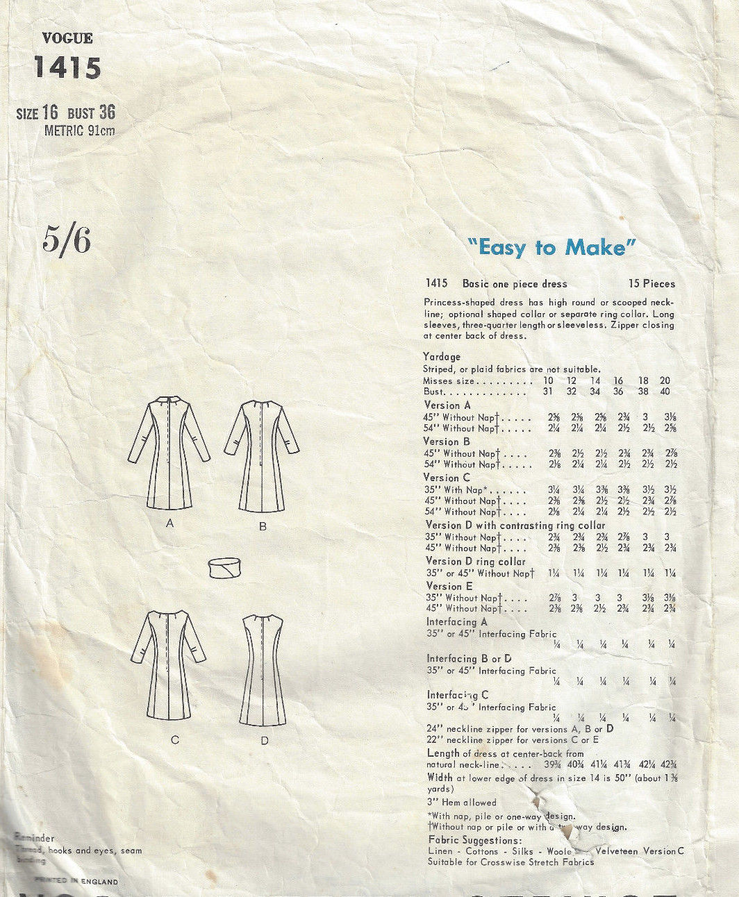 1964-Vintage-VOGUE-Sewing-Pattern-DRESS-B36-1722-262565931064-2