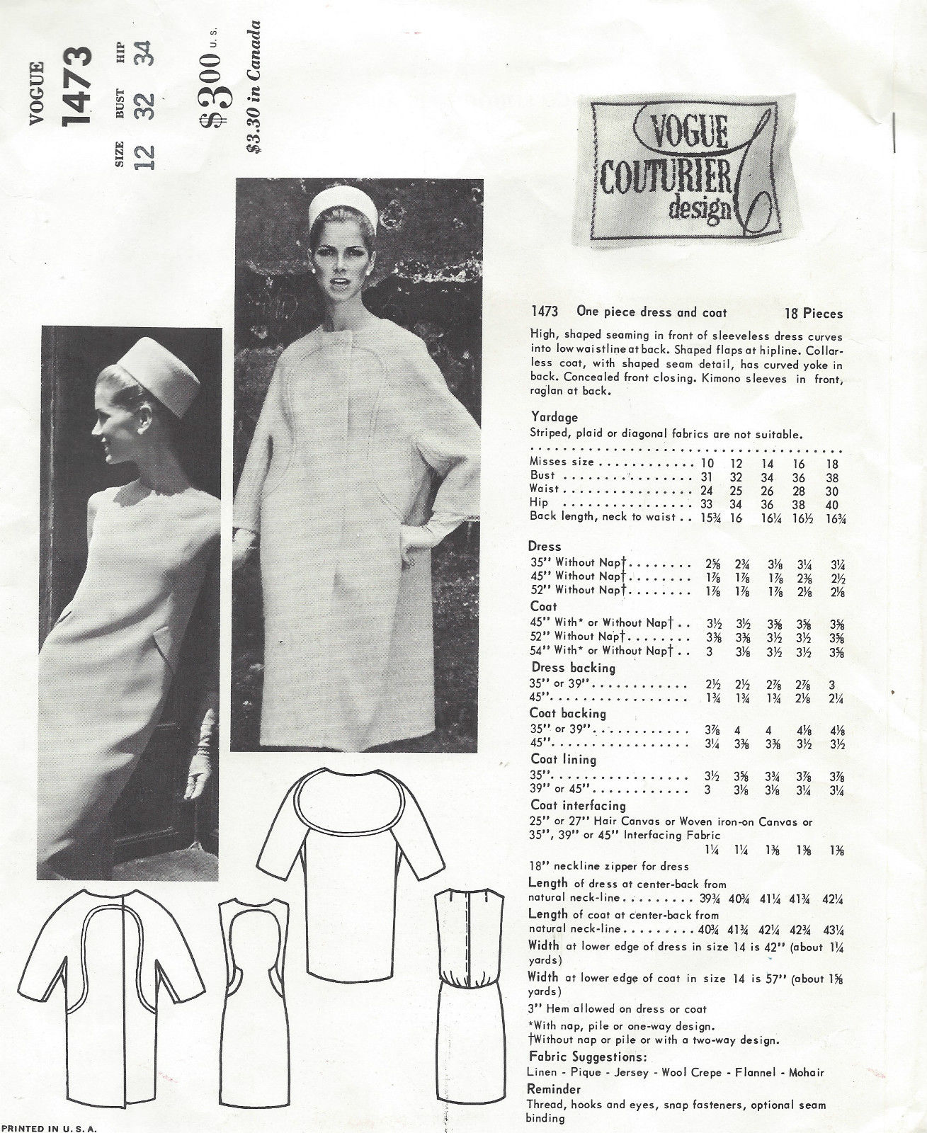 1965-Vintage-VOGUE-Sewing-Pattern-B32-COAT-DRESS-1416R-By-FEDERICO-FORQUET-252003840135-2