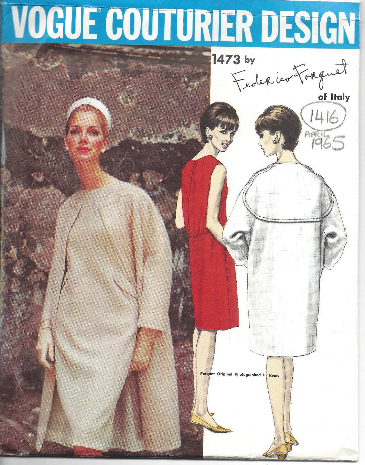 1965-Vintage-VOGUE-Sewing-Pattern-B32-COAT-DRESS-1416R-By-FEDERICO-FORQUET-252003840135