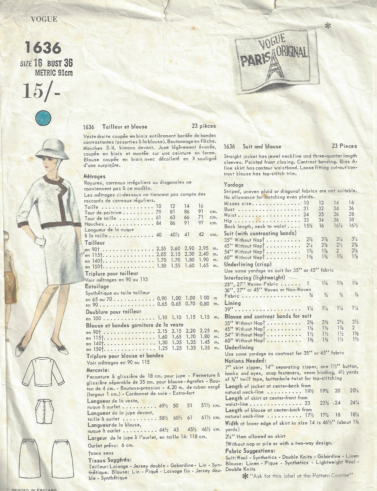 1966-Vintage-VOGUE-Sewing-Pattern-B36-JACKET-SKIRT-BLOUSE-1572R-Pierre-Cardin-252302650077-2