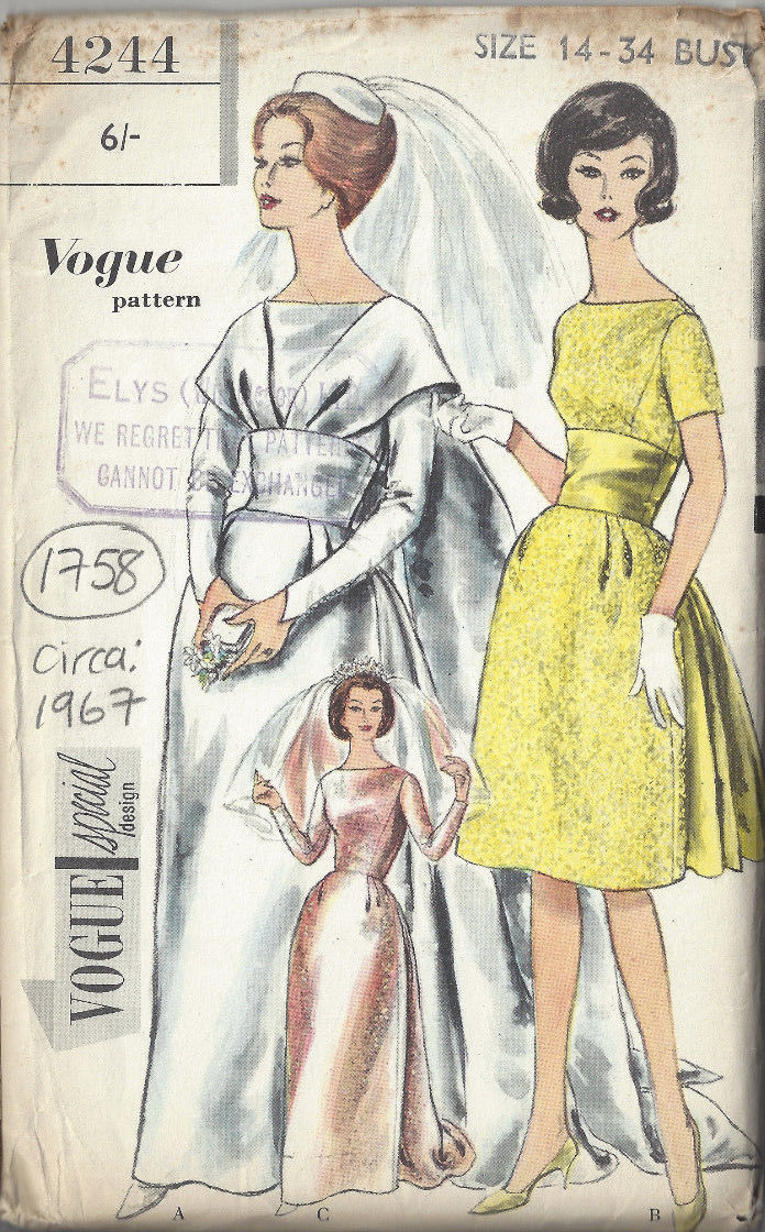 1967-Vintage-VOGUE-Sewing-Pattern-B34-BRIDES-BRIDESMAIDS-DRESS-TRAIN-1758-262780548258