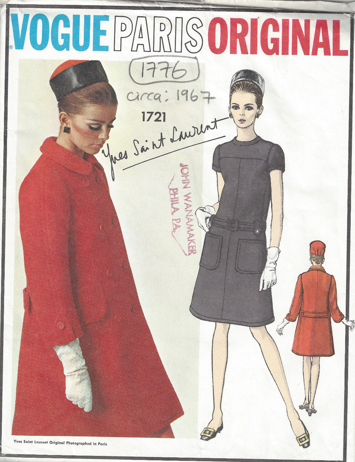 1967-Vintage-VOGUE-Sewing-Pattern-B34-COAT-DRESS-1776R-By-YVES-SAINT-LAURENT-262786395993