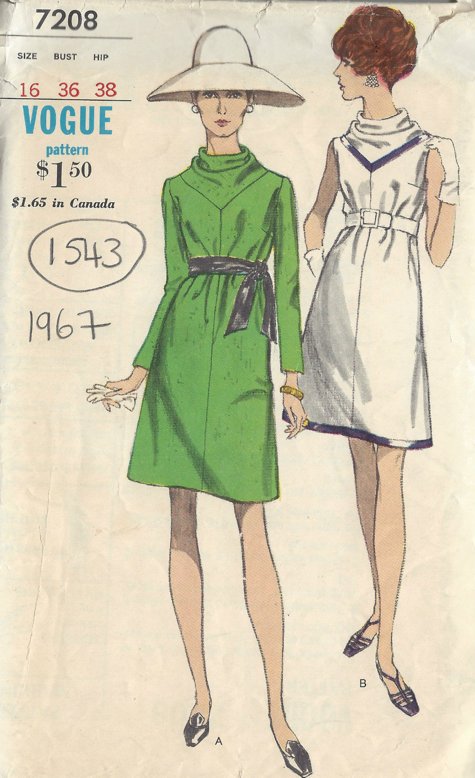 1967-Vintage-VOGUE-Sewing-Pattern-DRESS-B36-1543-252147615858